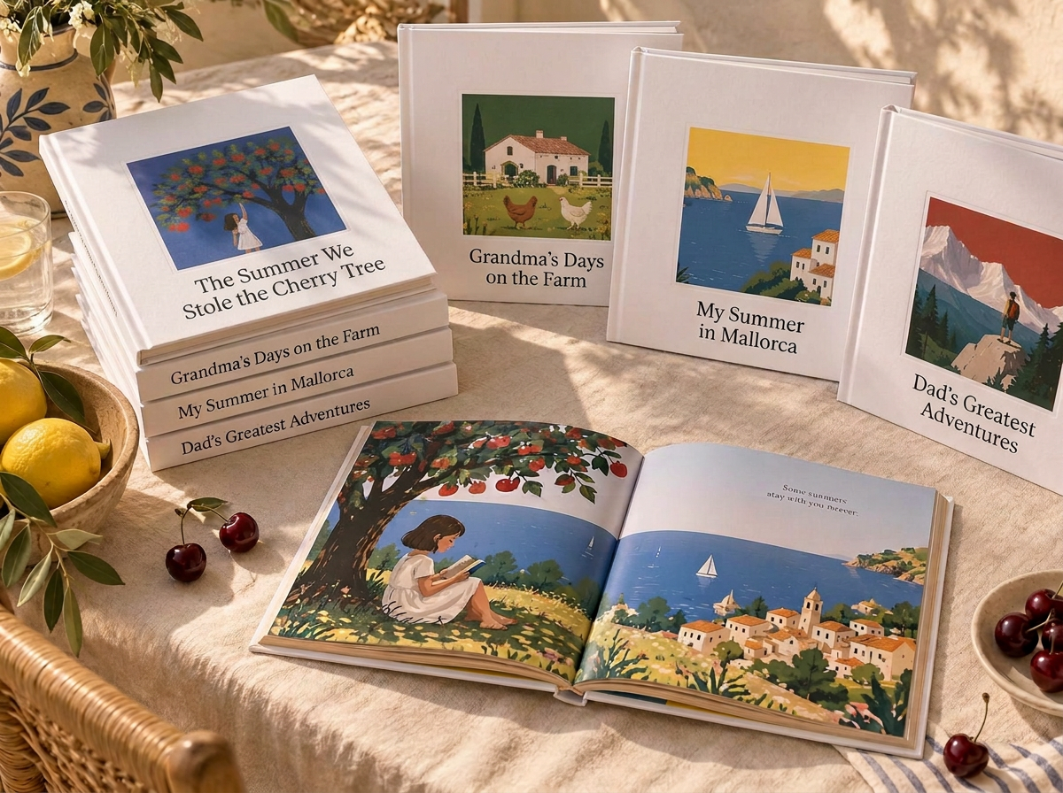 Square Marykka books on a sunny table: The Summer We Stole the Cherry Tree, Grandma's Days on the Farm, My Summer in Mallorca, Dad's Greatest Adventures, and one open illustrated spread
