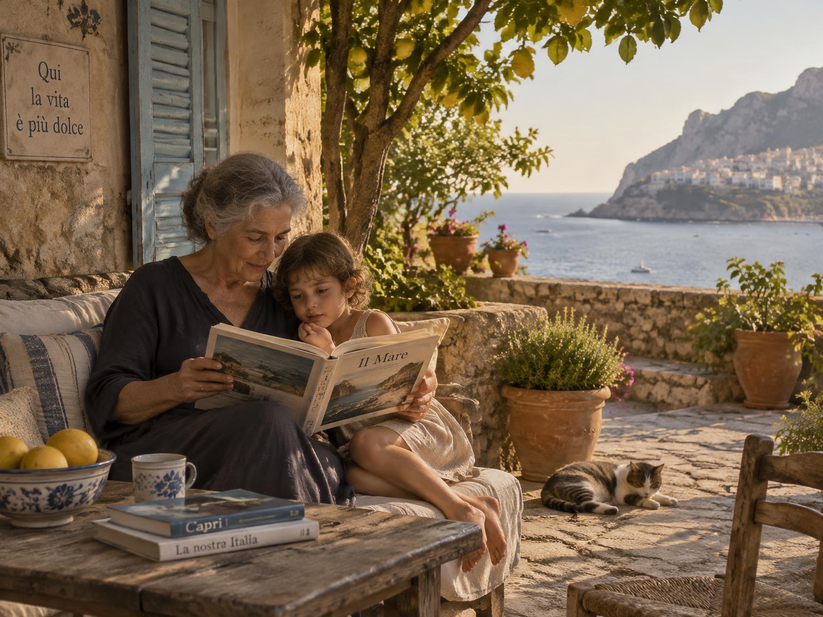 A grandmother and a child reading a book together on a terrace by the sea