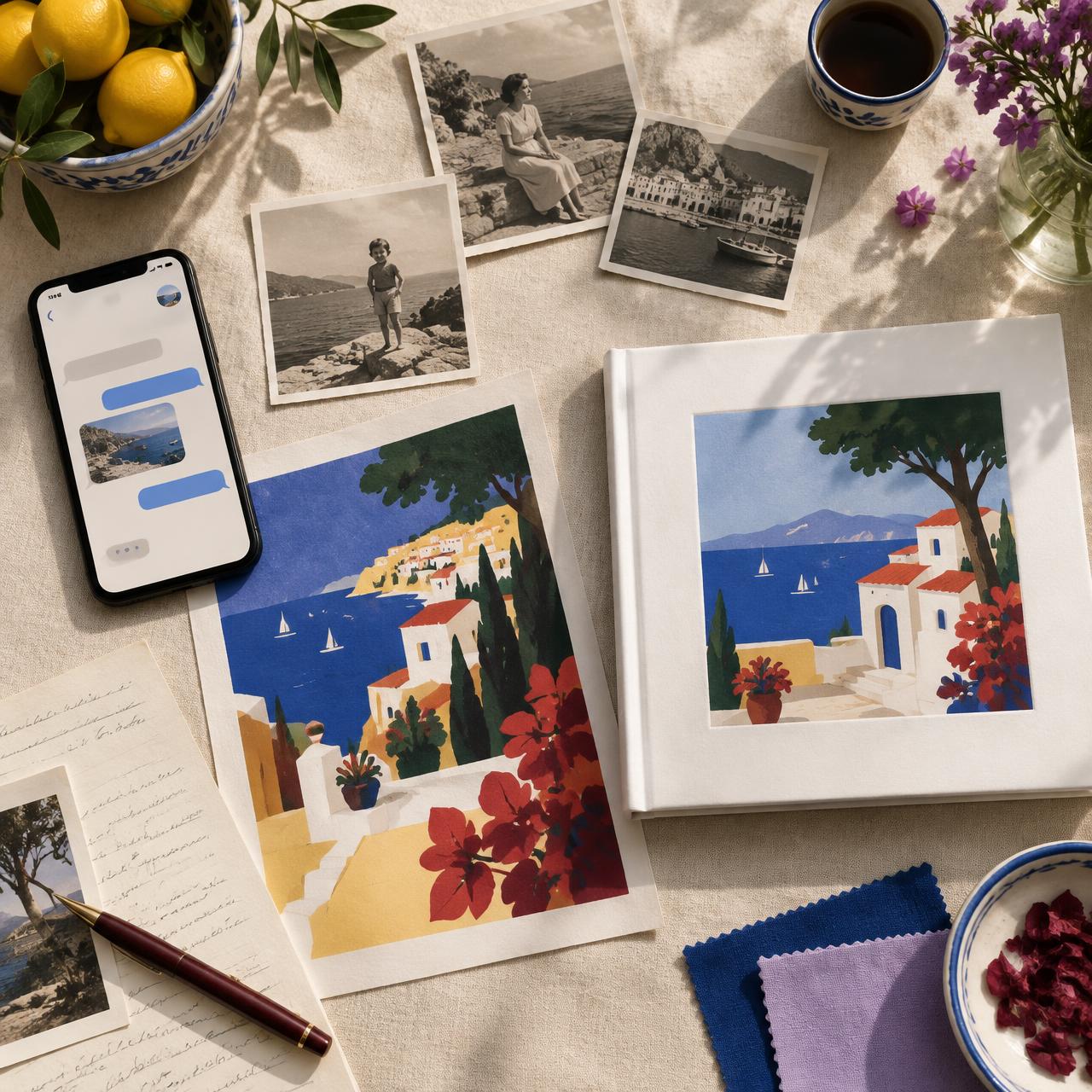 A phone with a story chat, old photographs, notes, an illustrated page and a finished square book on a table