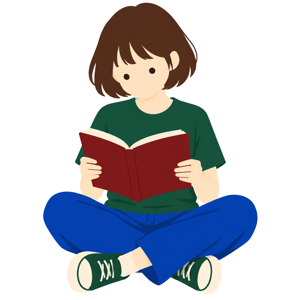 Marykka sitting cross-legged, reading a red book